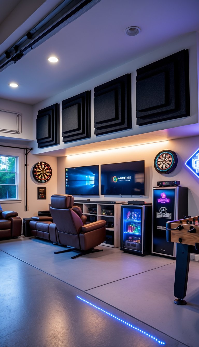 A garage man cave with soundproof acoustic panels, gaming setup, seating area, and various game room accessories.