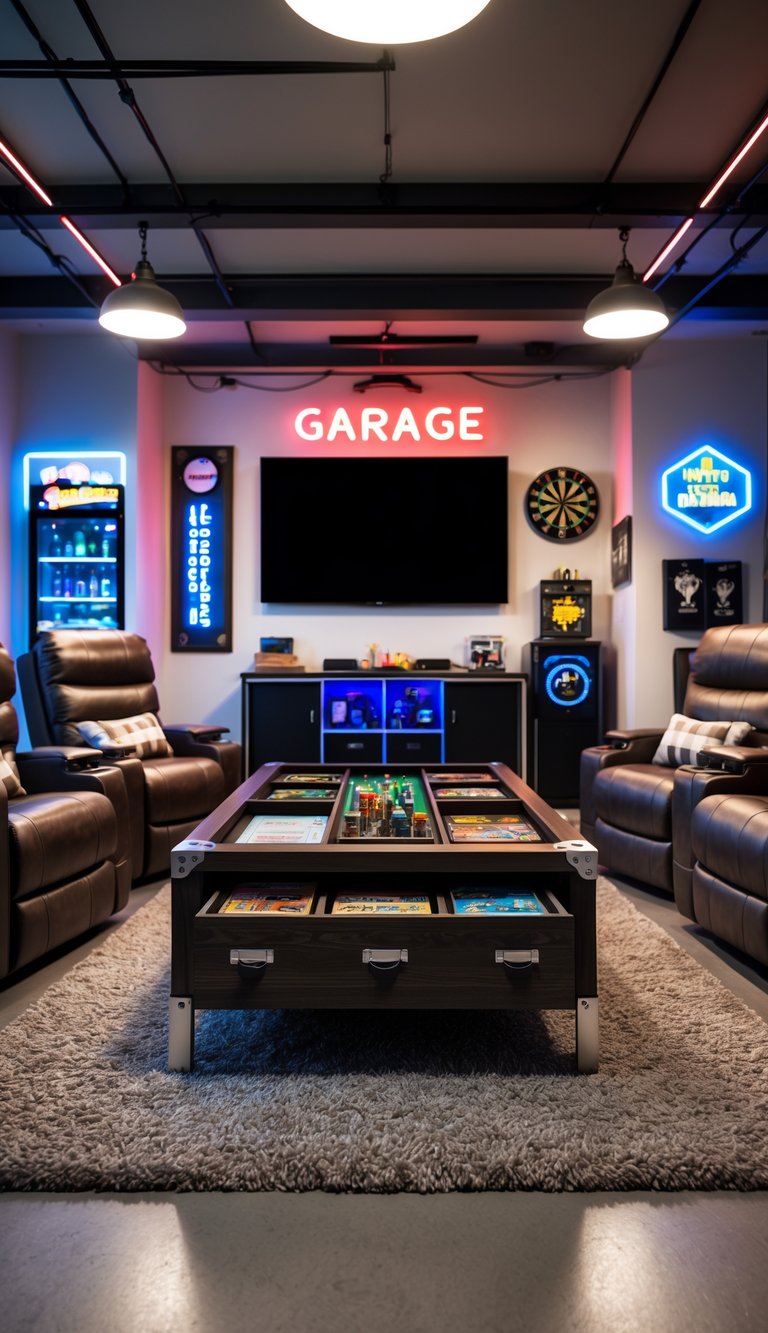 A game room with a coffee table that has storage compartments, surrounded by recliners, a TV, and various game room accessories.