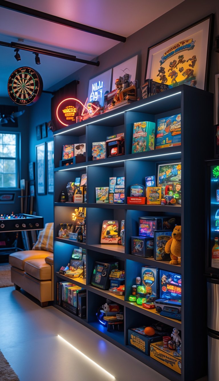 A multi-shelf display filled with collectibles and game room items in a garage man cave, including board games, action figures, and retro consoles, with a dartboard and seating area visible.