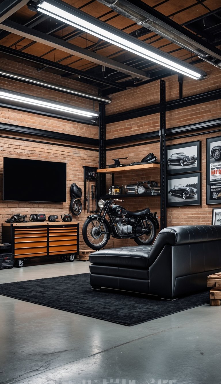 Interior of a garage with a leather sofa, vintage motorcycle, tool shelves, and framed car photos on brick walls.