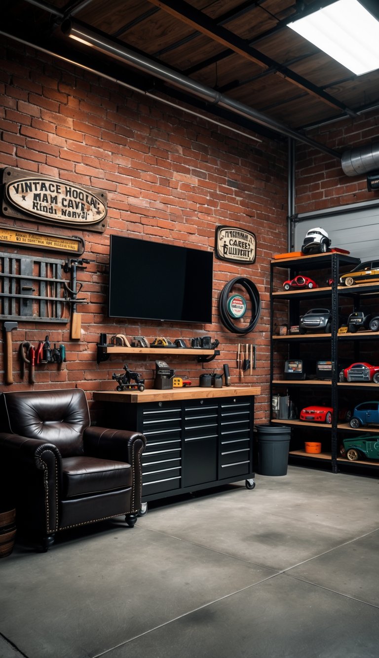 A man cave garage with exposed brick walls, leather seating, a workbench with tools, and automotive decorations.