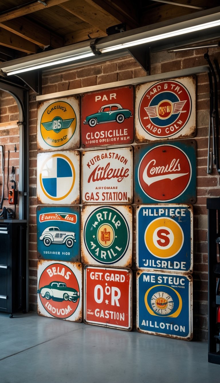 A garage wall decorated with vintage automotive metal signs and automotive tools in the background.