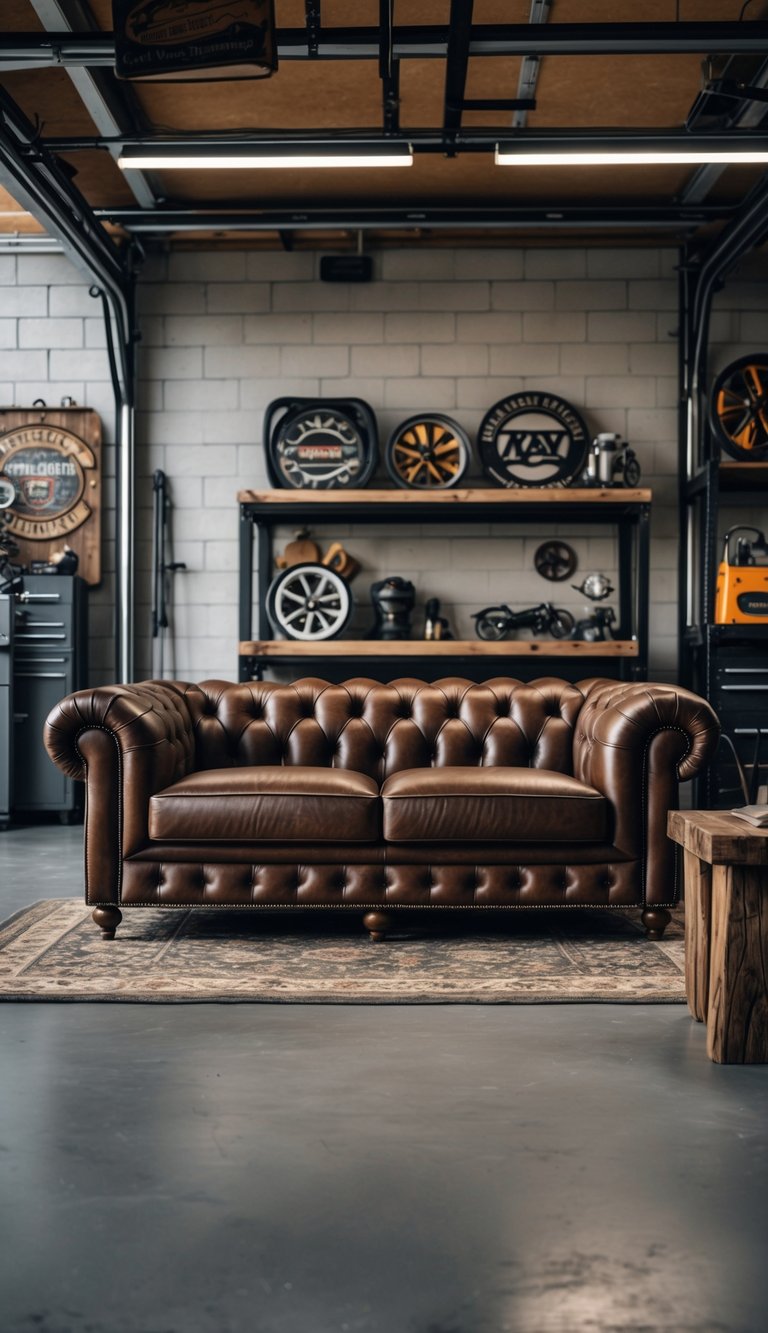A dark brown leather sofa in a garage room with brick walls, wooden table, and automotive decorations.