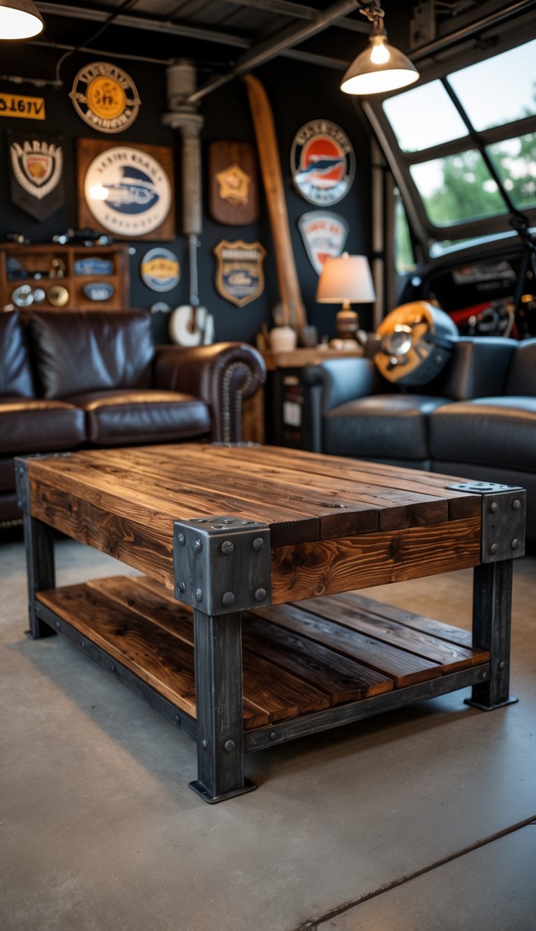 A reclaimed wood coffee table with metal accents in a garage setting with vintage automotive items and leather seating.