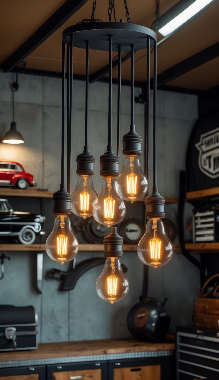 A garage interior with industrial pendant lights featuring exposed Edison bulbs hanging above shelves and vintage automotive items.