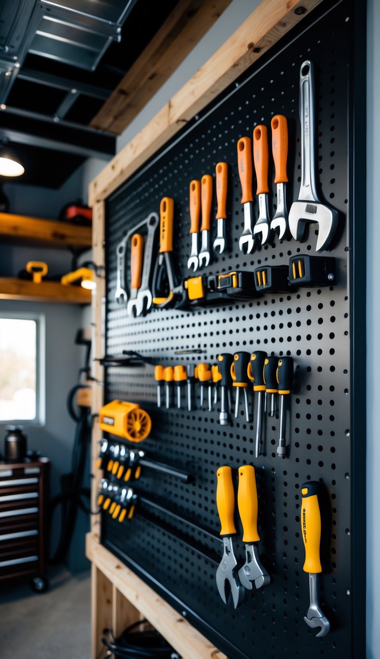 A steel pegboard tool organizer with various hand tools hanging neatly in a garage workspace.