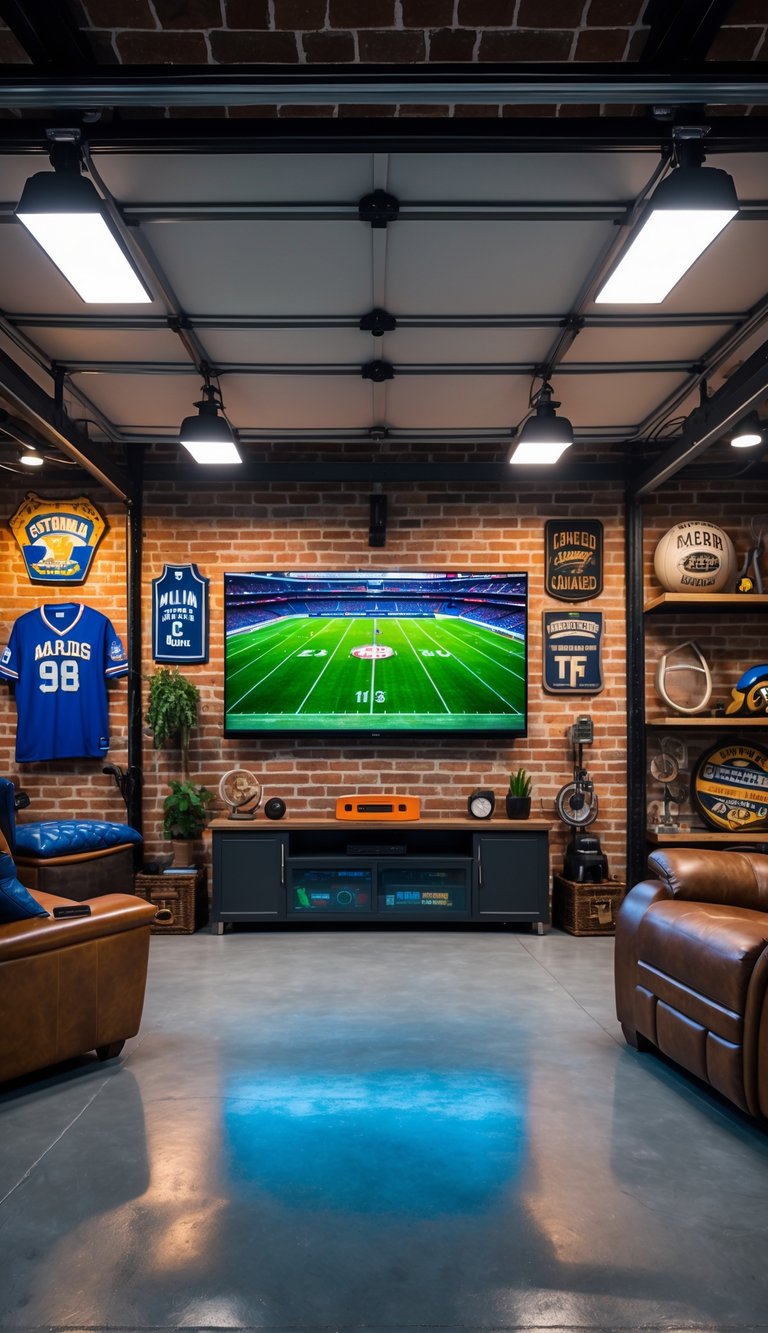 Large flat-screen TV mounted on a wall in a garage with sports decor, leather seating, and shelves with sports memorabilia.