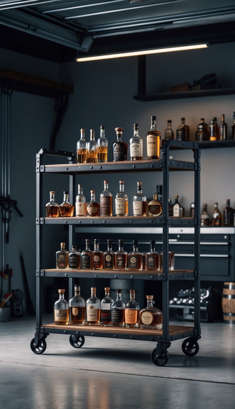 Steel bar cart stocked with bottles of spirits in a garage setting with tools and shelves in the background.