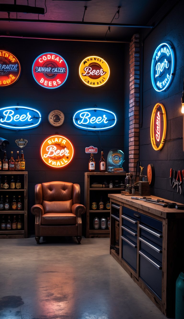 Interior of a garage man cave with neon beer signs, wooden shelves with bottles, a leather armchair, and automotive decorations.