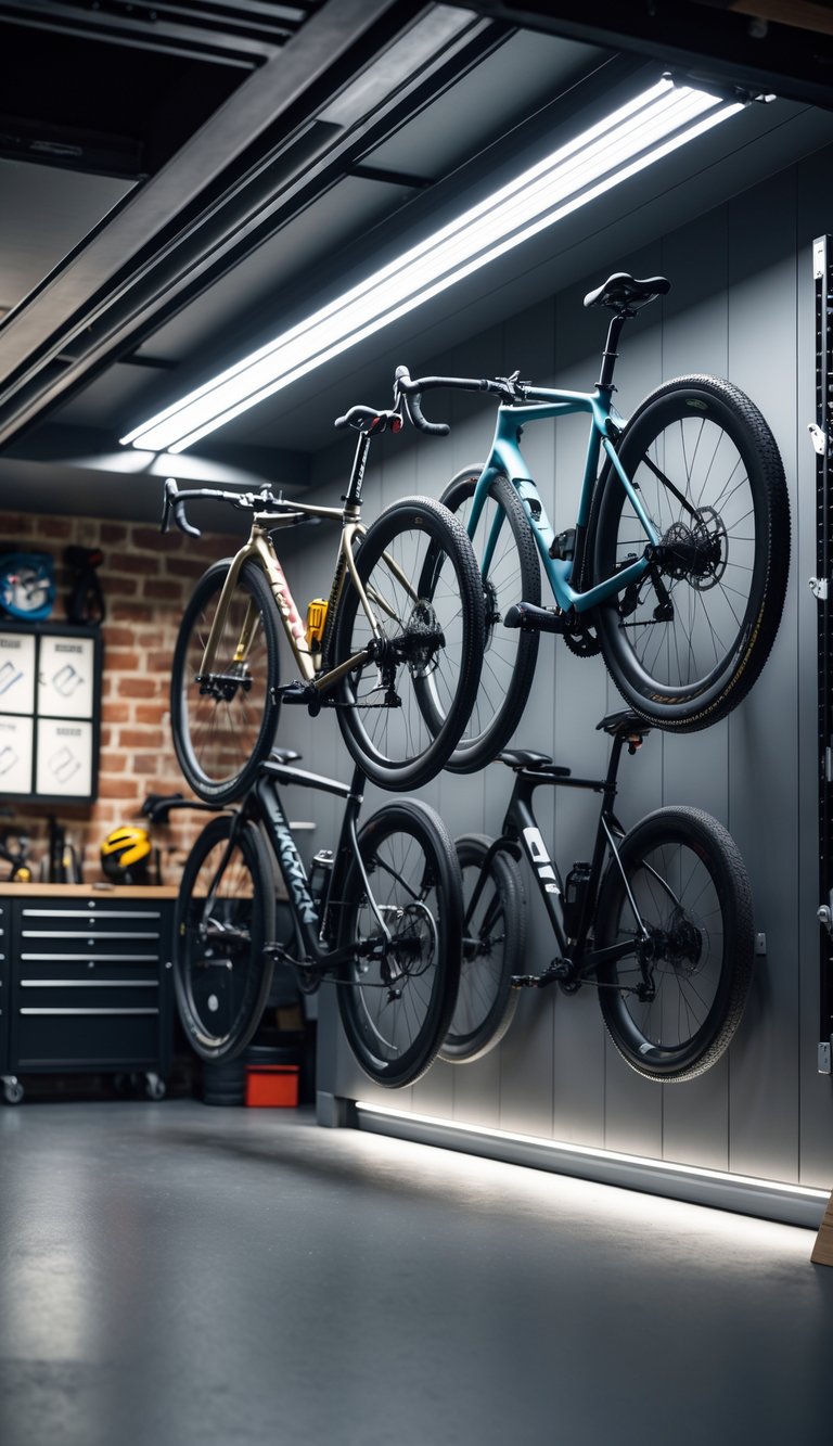 Wall-mounted bike rack holding several high-end bicycles inside a garage with industrial decor and organized tools.