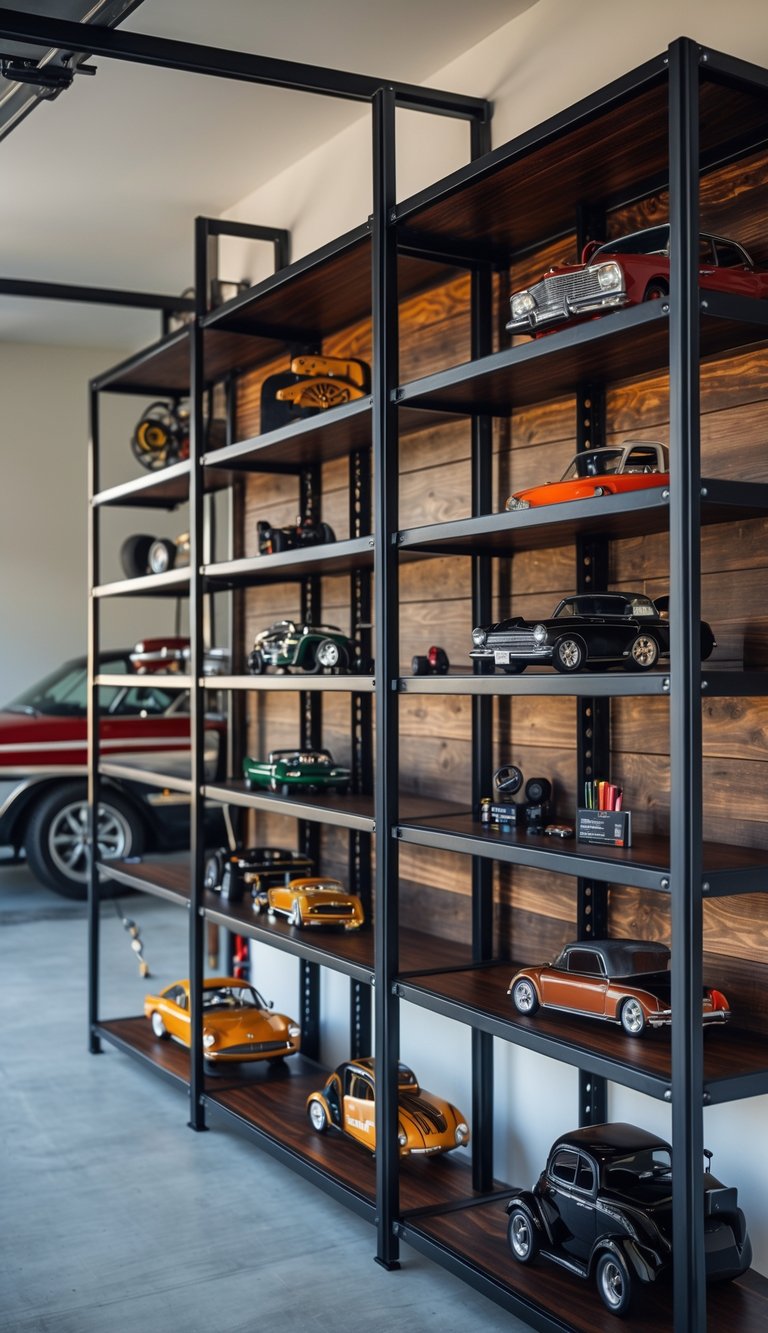 Custom metal shelving with dark wood panels in a garage space displaying automotive and tool decor.