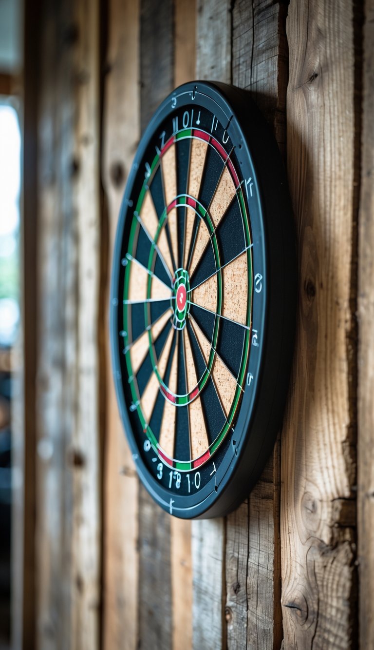 Cork dartboard mounted on a rustic wooden board with visible grain and texture.
