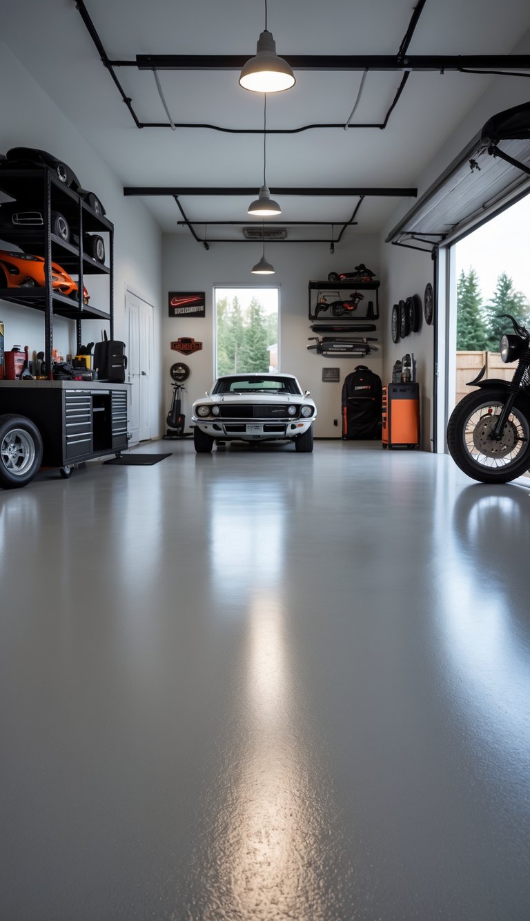 A spacious garage with concrete epoxy flooring, workbench, metal shelves, leather seating, and a motorcycle.