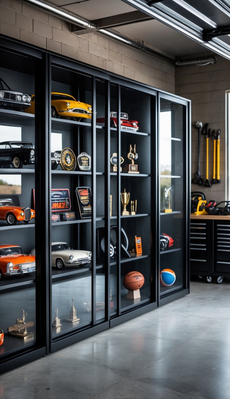 Interior of a garage with black steel-framed glass display cabinets showing automotive and sports memorabilia.