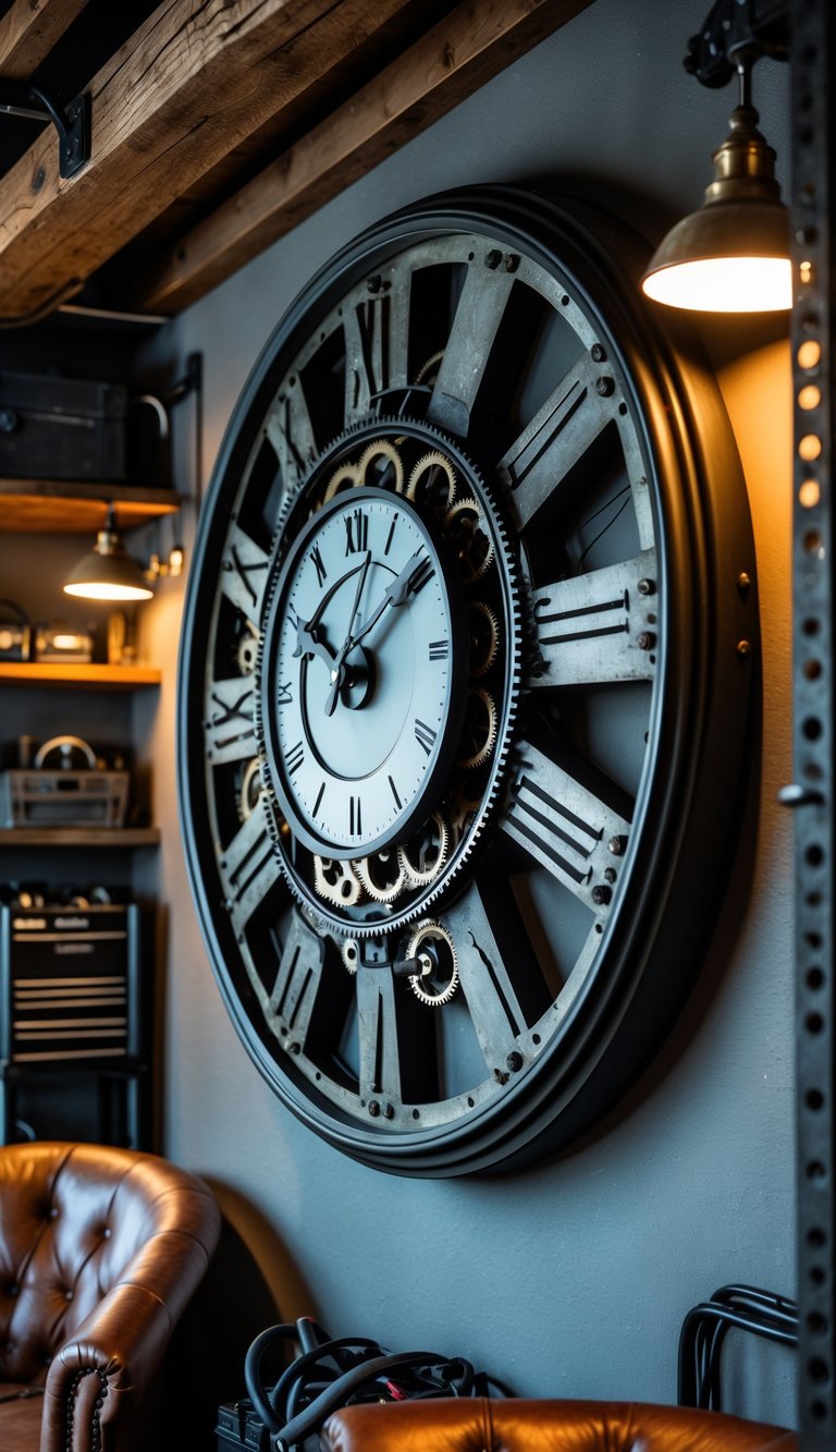 An oversized vintage wall clock with visible mechanical gears displayed in a man cave or garage setting with industrial and masculine decor.