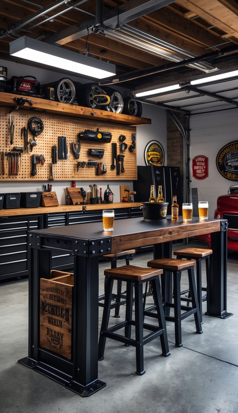 A heavy-duty workbench in a garage that also serves as a bar area with stools, tools on the walls, and bottles and glasses on the bench.