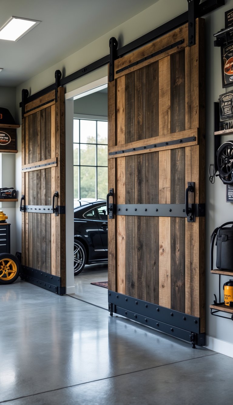 Interior of a garage with sliding wooden barn doors, industrial shelves with tools and car memorabilia, and leather seating.