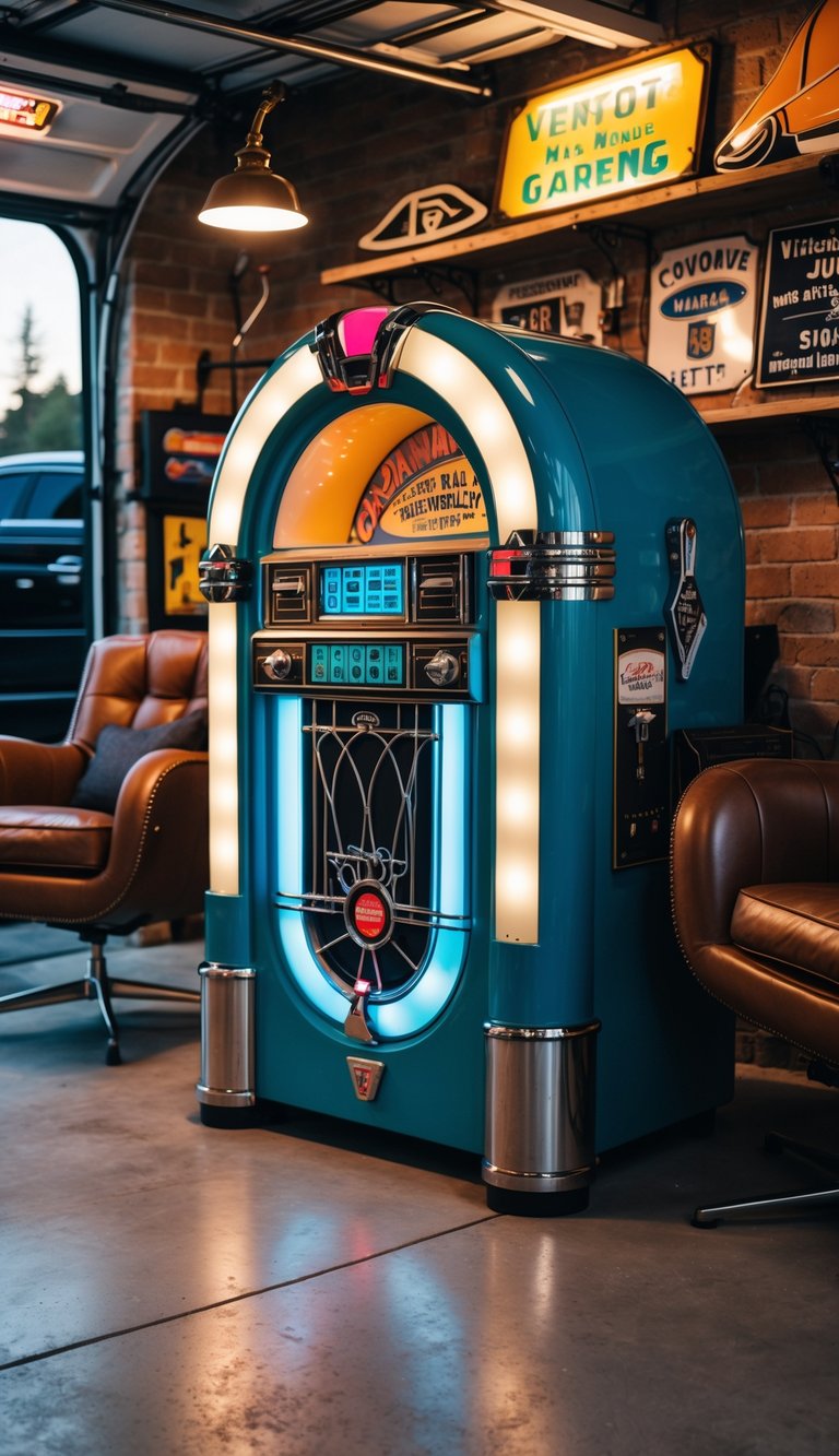 A classic vintage jukebox in a man cave garage surrounded by leather chairs, metal shelves, and automotive decor.