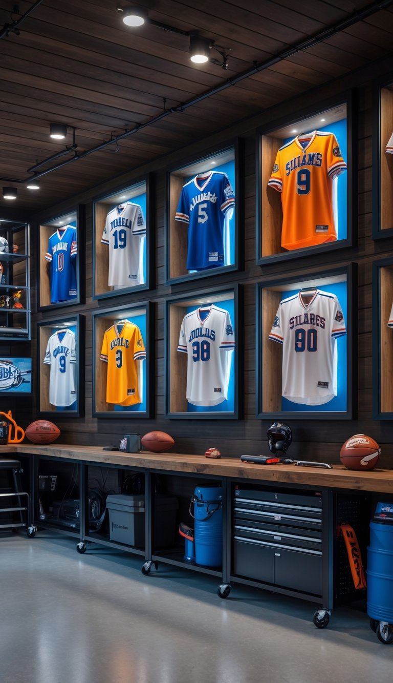 A garage interior with framed signed sports jerseys and sports memorabilia displayed on the walls.