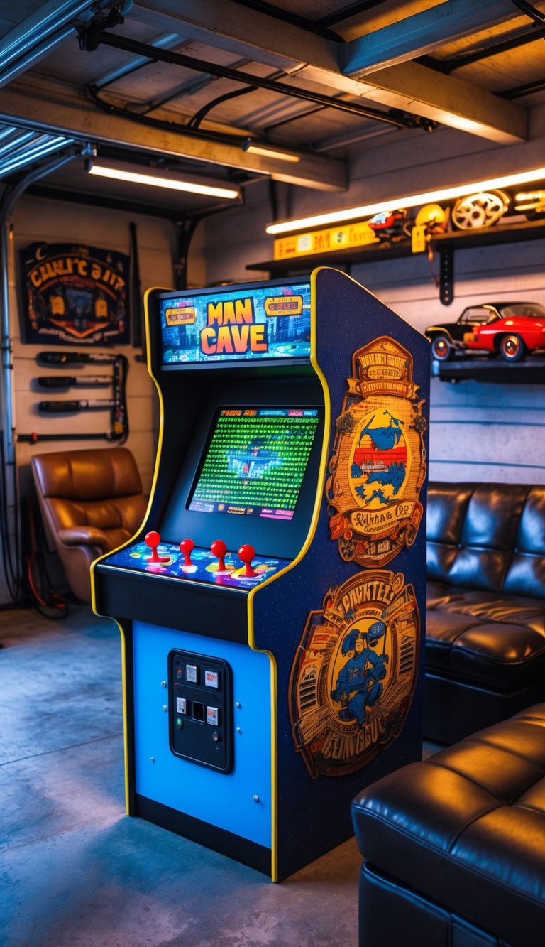 Retro arcade machine in a garage decorated with leather seating, metal shelves, and car memorabilia.