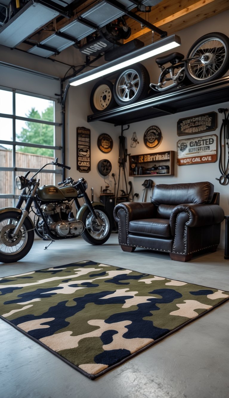 Interior of a man cave garage with a camouflage rug on the floor, leather seating, a vintage motorcycle, and shelves with tools and sports items.