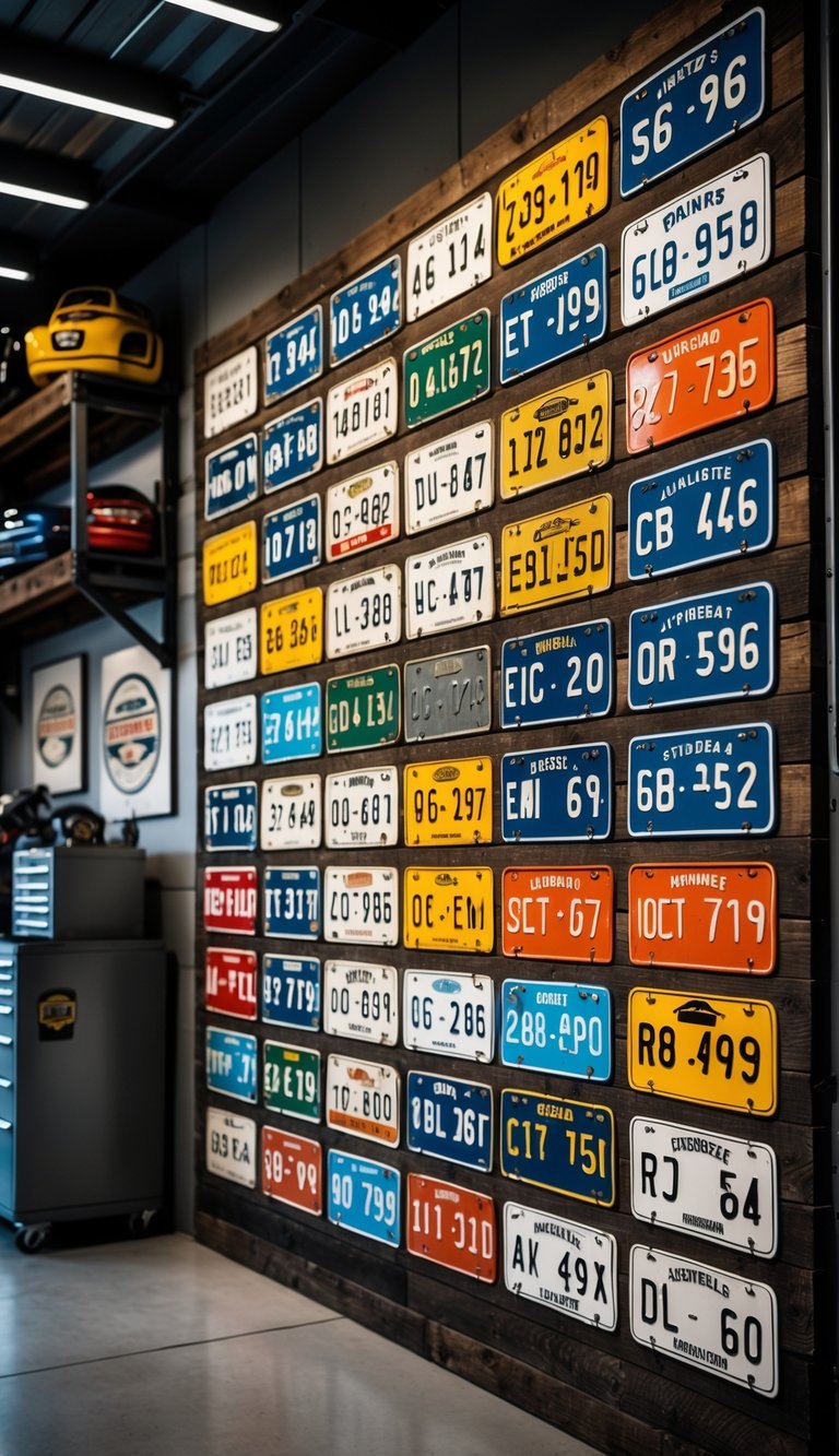 A wall covered with mounted vintage license plates in a garage decorated with automotive items and industrial shelves.