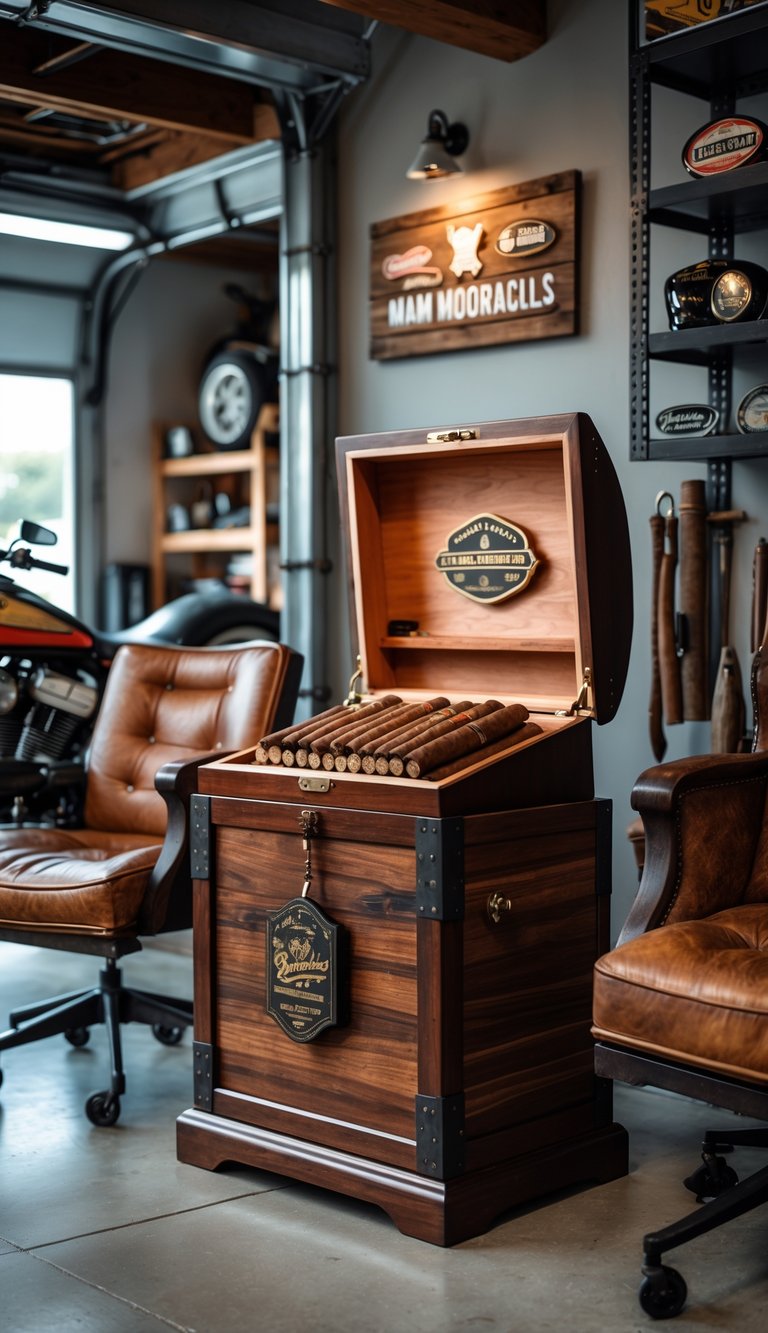A rustic wooden cigar humidor open with cigars inside, set in a garage corner with leather chairs and automotive decor.