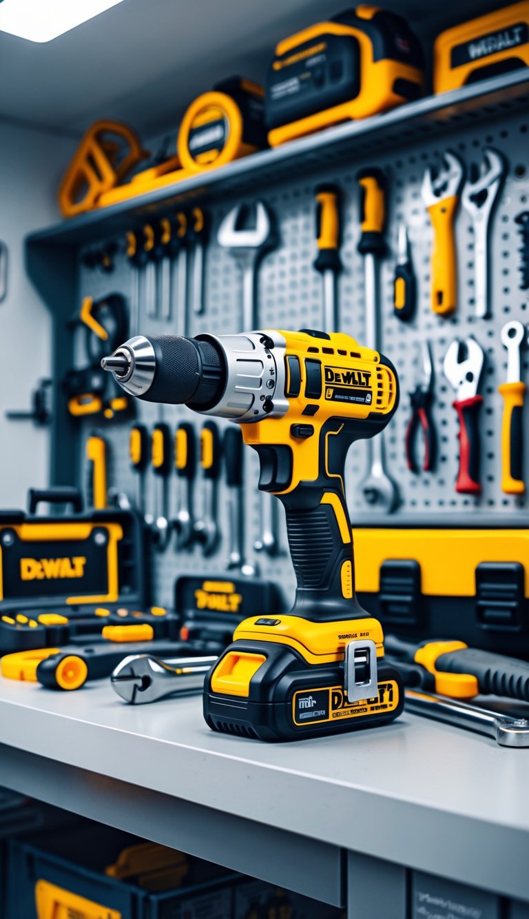 A cordless drill on a workbench surrounded by various hand and power tools in a tidy garage workspace.