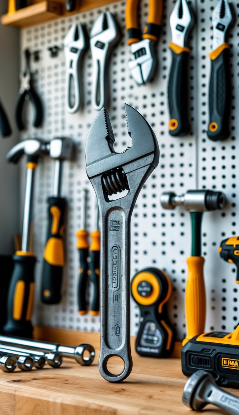 A 10-inch Crescent adjustable wrench on a wooden workbench surrounded by various essential garage tools like a hammer, screwdrivers, pliers, and a cordless drill.