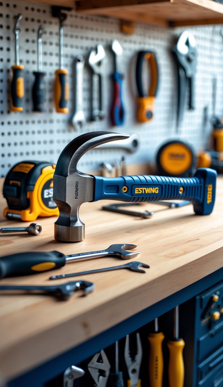 An Estwing claw hammer on a wooden workbench surrounded by various garage tools in a workshop setting.
