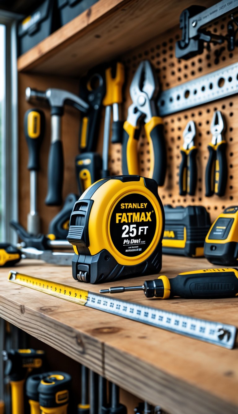A Stanley FatMax tape measure on a wooden workbench surrounded by various hand and power tools in a garage setting.
