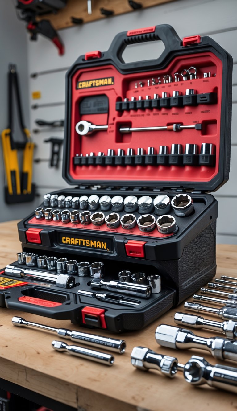 An open socket set case displaying a complete collection of sockets and hand tools neatly arranged on a garage workbench.