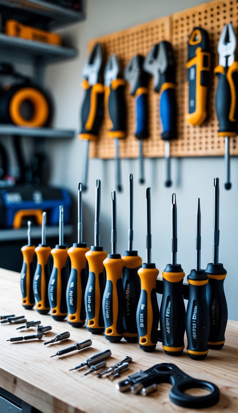 A set of Phillips and Flathead screwdrivers arranged on a wooden workbench in a garage with tools in the background.
