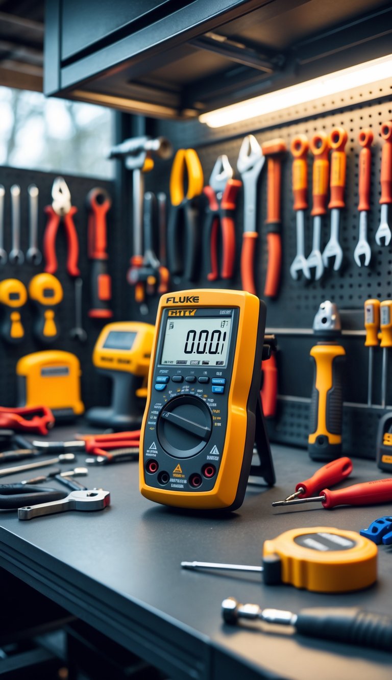 A Fluke 117 digital multimeter on a workbench surrounded by various hand tools in a well-organized man cave garage.