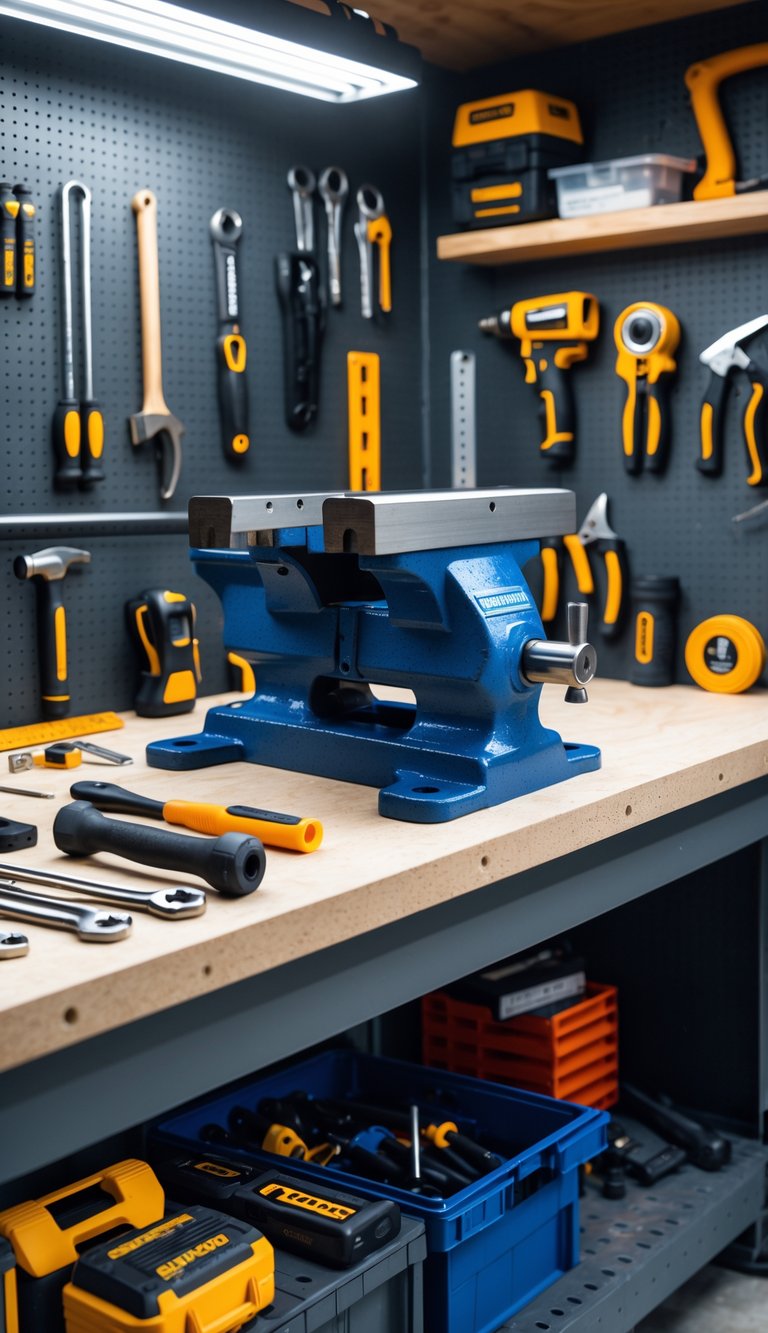 A workbench with a mounted vise surrounded by various essential hand tools neatly arranged in a garage workspace.