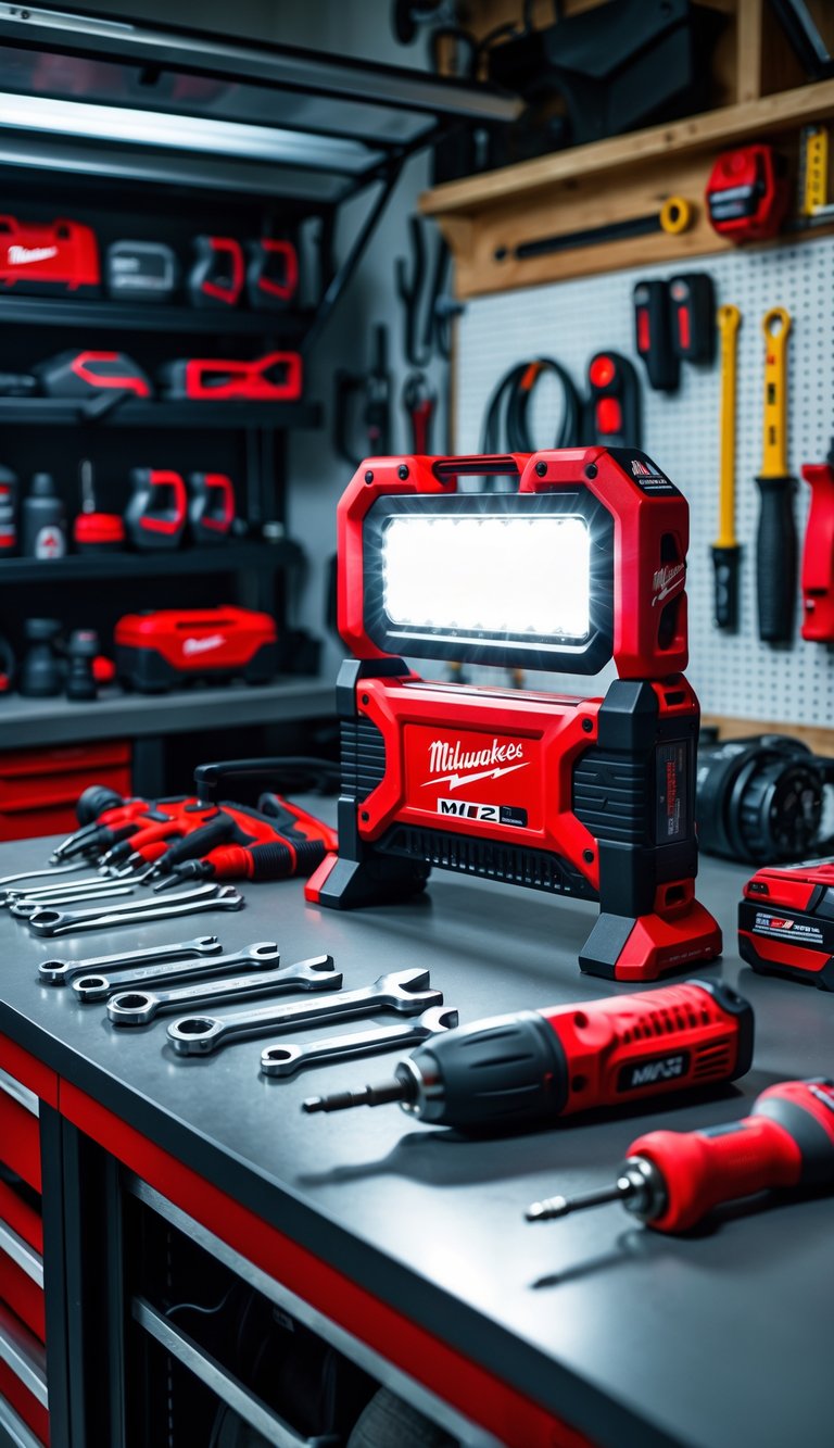Milwaukee M12 LED work light glowing on a workbench surrounded by various tools in a man cave garage.