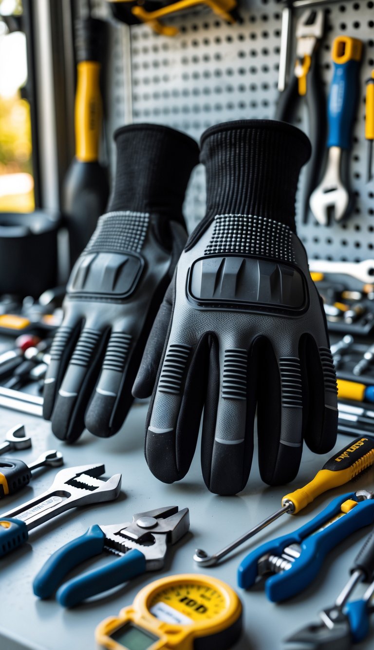 A pair of oil-resistant gloves placed on a workbench surrounded by various hand tools in a garage setting.