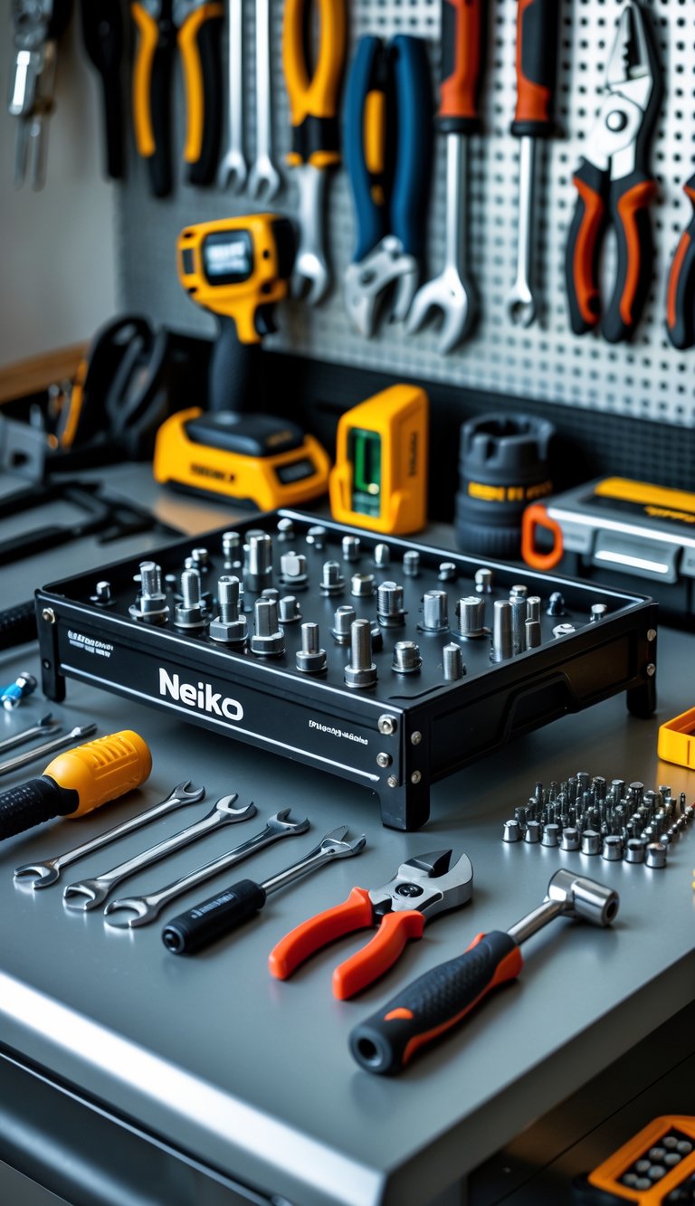 A magnetic parts tray holding screws and bolts on a workbench surrounded by various essential hand and power tools in a garage workspace.