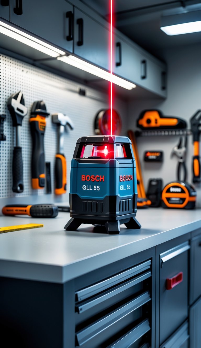 Bosch laser level on a workbench in a man cave garage surrounded by various tools and equipment.