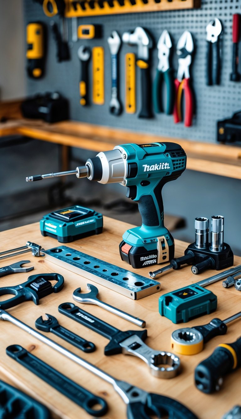 Makita impact driver on a wooden workbench surrounded by various essential garage tools in a tidy workshop.