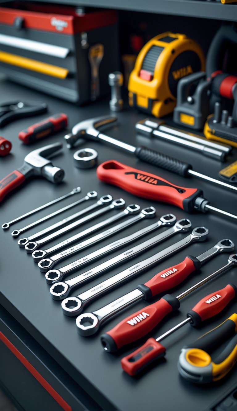 A neatly arranged Wiha Allen wrench set on a wooden workbench surrounded by other tools in a man cave garage.