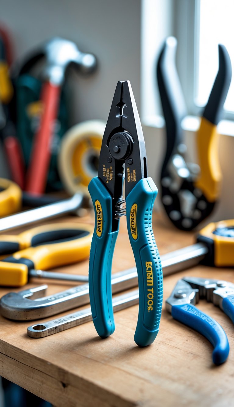 A pair of Klein Tools wire strippers on a workbench surrounded by various hand tools including a hammer, screwdriver, and pliers.