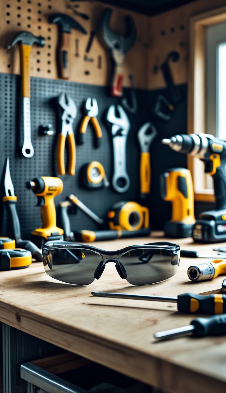 A pair of safety glasses on a wooden workbench surrounded by various essential garage tools including a hammer, wrench, screwdriver set, and drill.