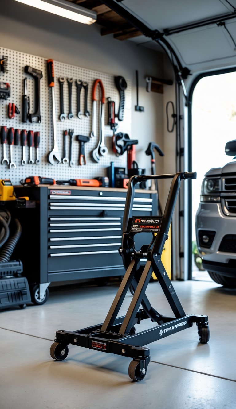 A man cave garage with a Pro-Lift mechanic creeper on the floor surrounded by various essential tools arranged on a workbench and pegboard, with a vehicle partially visible in the background.