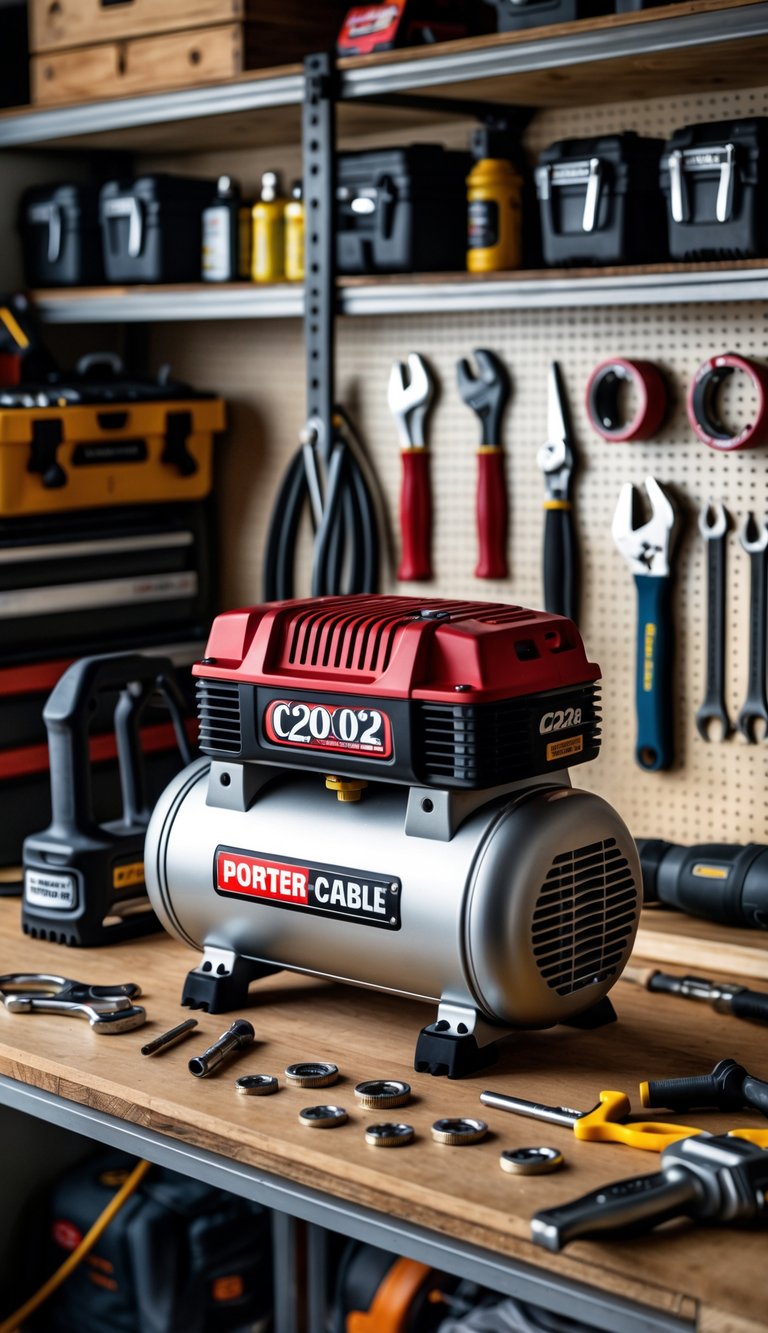Porter-Cable air compressor and various tools arranged on a workbench in a man cave garage.