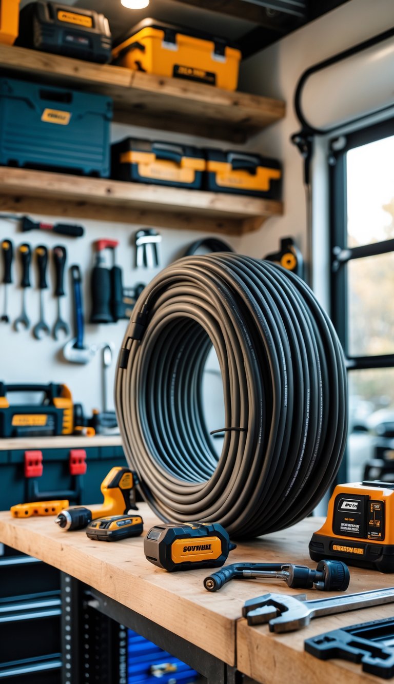 A coiled Southwire 12/3 extension cord on a workbench surrounded by various tools in a clean and organized garage workspace.
