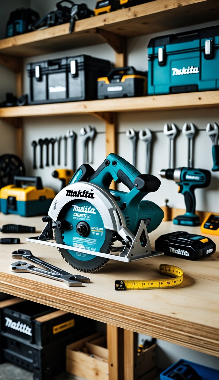Cordless circular saw on a wooden workbench surrounded by various hand tools in a garage workshop.