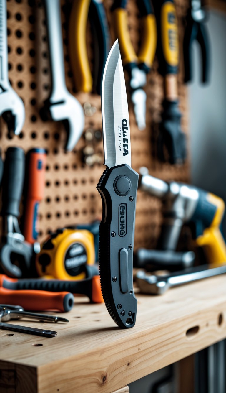 Close-up of an Olfa utility knife on a wooden workbench surrounded by various hand tools and a toolbox in a garage setting.