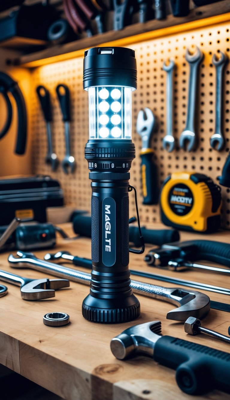 Maglite LED flashlight on a wooden workbench surrounded by various hand tools in a garage setting.