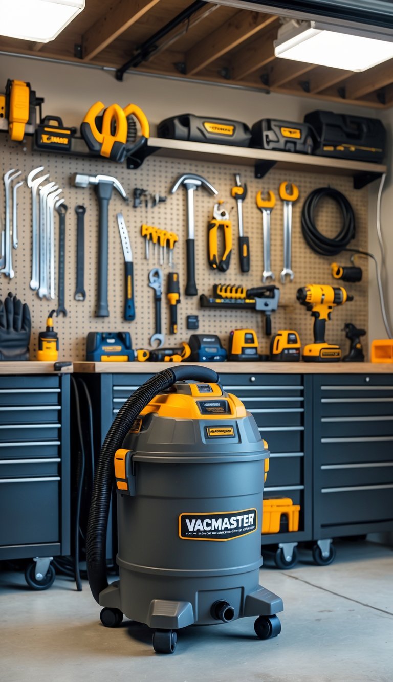 A man cave garage workspace with a Vacmaster 5-gallon shop vacuum surrounded by various neatly arranged tools on a pegboard wall and workbench.